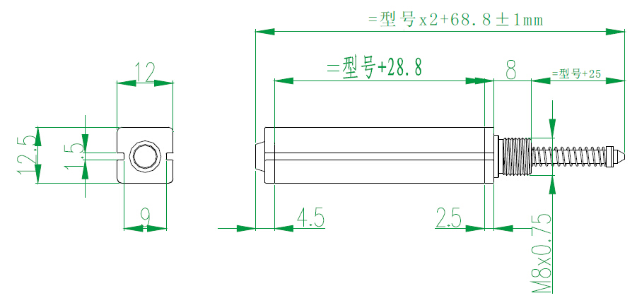 MIRAN米朗KSC微型外置彈簧式自復位式方管位移傳感器安裝尺寸圖