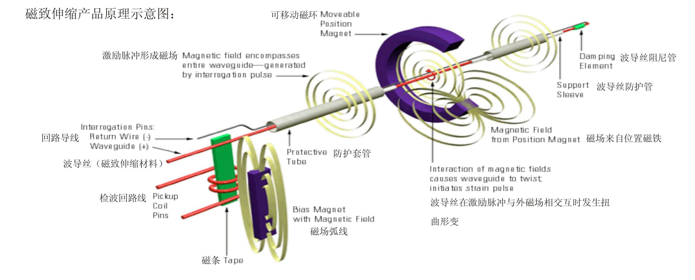 磁致伸縮位移/液位傳感器工作原理示意圖