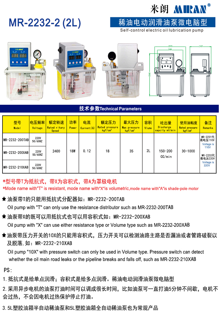 米朗MR-2232 (2L)微電腦型稀油電動潤滑油泵產品及尺寸圖