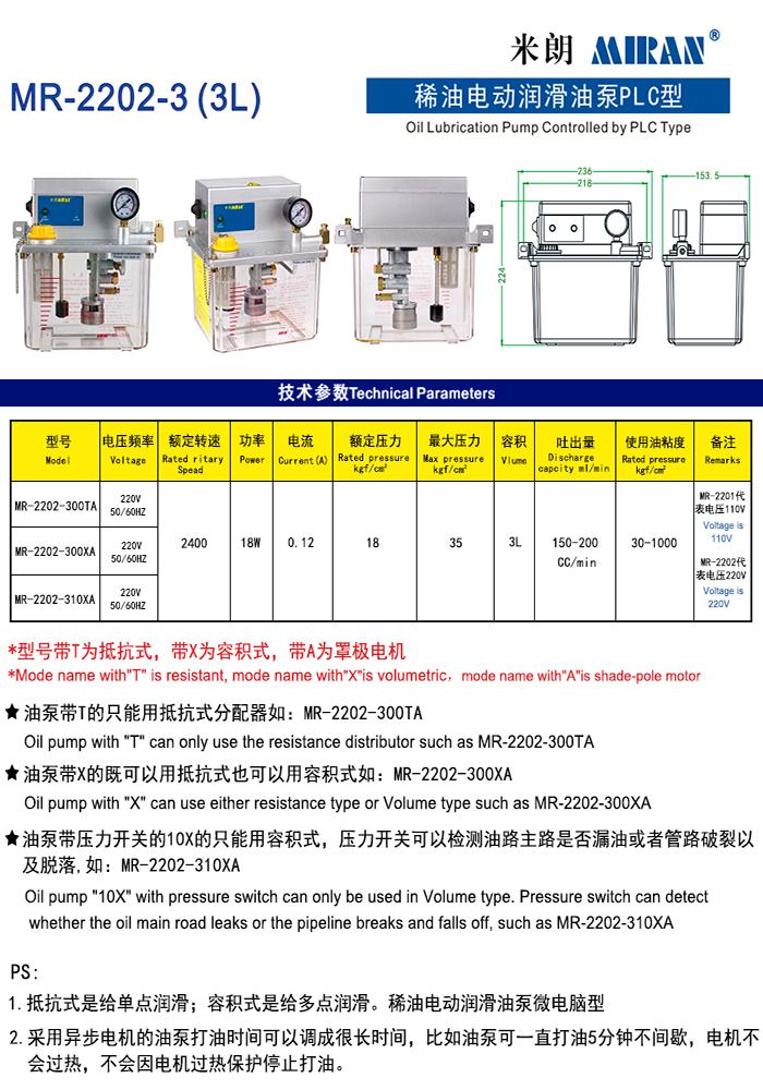 米朗MR-2202 (3L) PLC型電動潤滑油泵（3L稀油泵）產(chǎn)品及尺寸圖