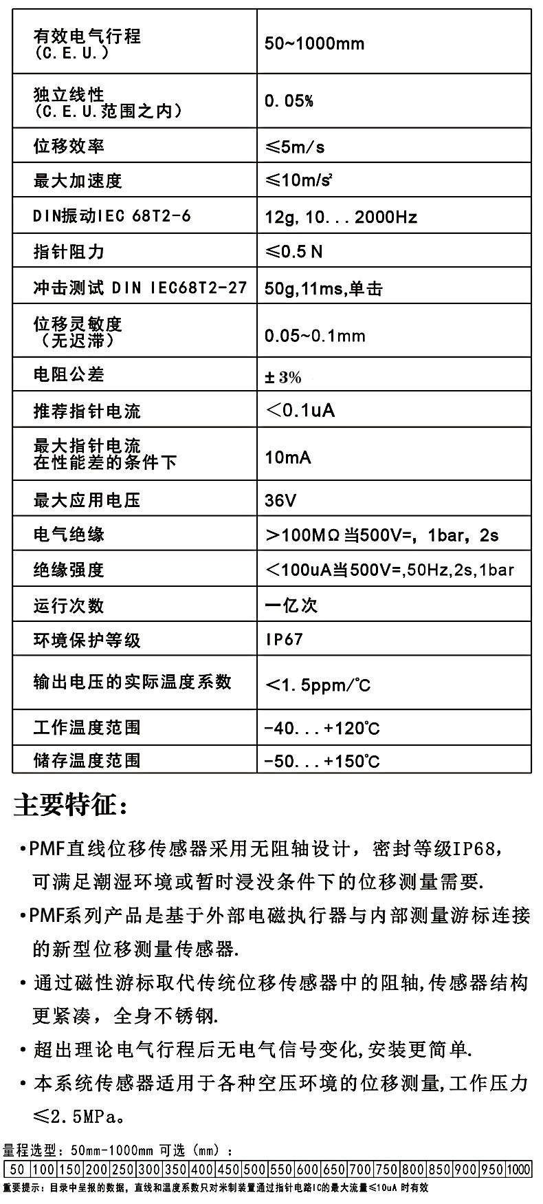 PMF滑塊磁阻式位移傳感器性能參數(shù)