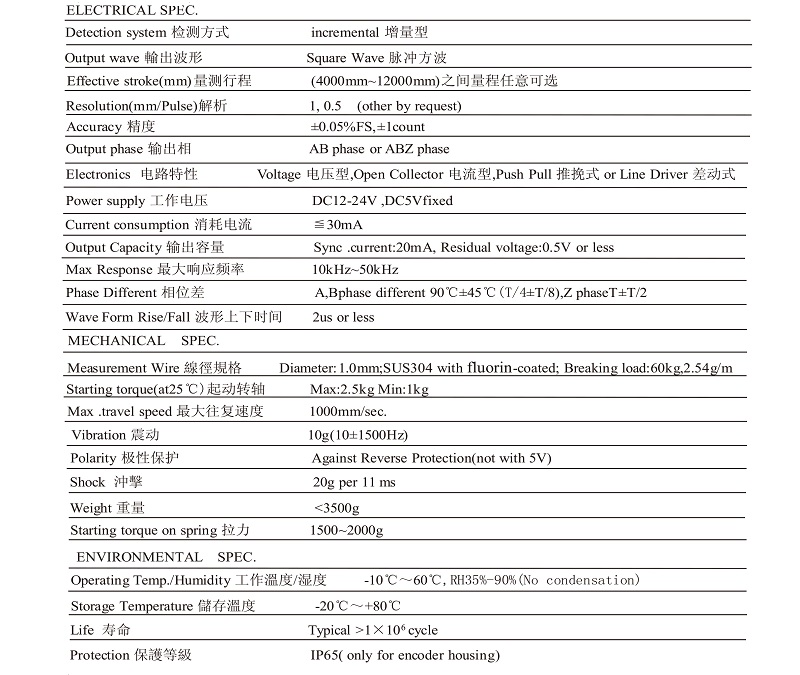 MPS-L系列拉繩位移傳感器技術(shù)參數(shù)