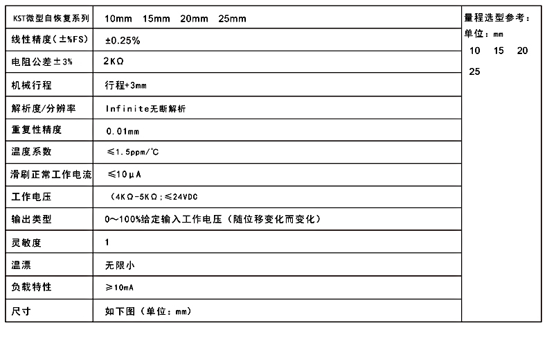 KST自復(fù)位式位移傳感器的技術(shù)參數(shù)