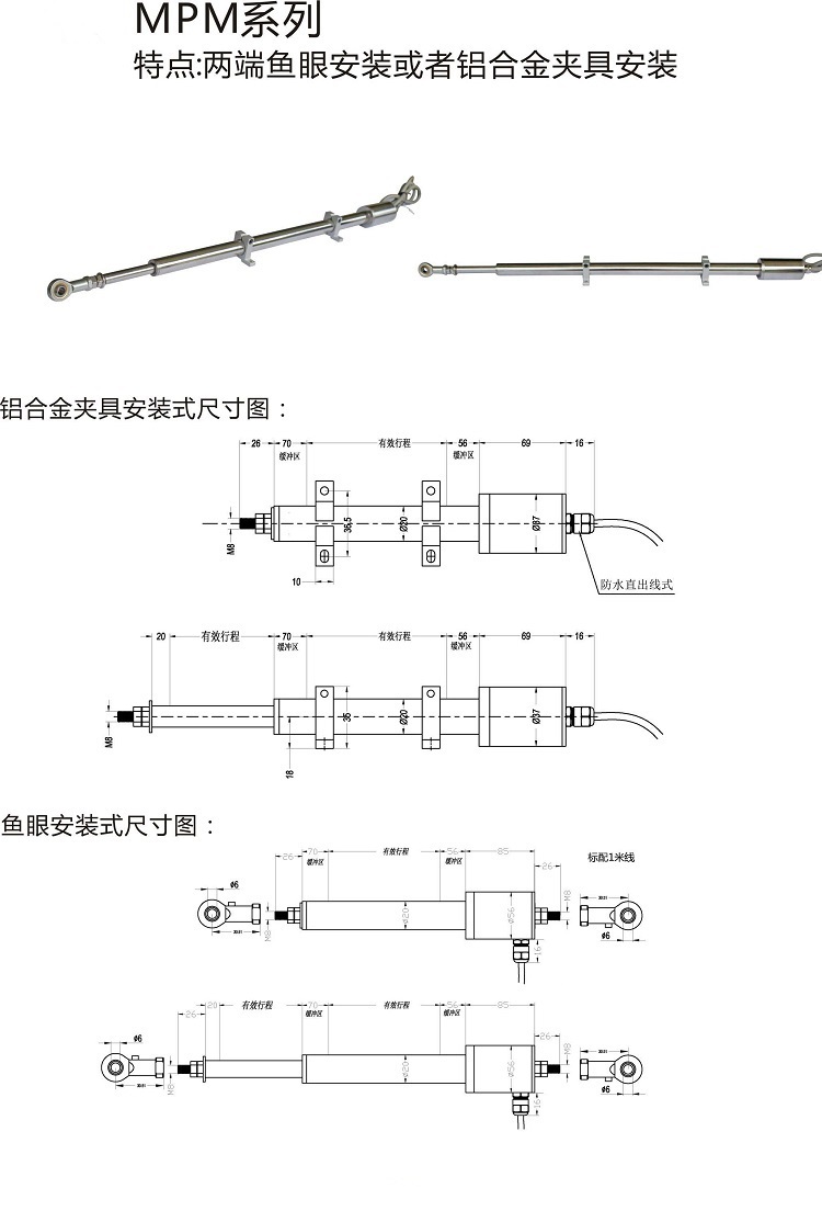 MPM鉸接式磁致伸縮位移傳感器的安裝尺寸