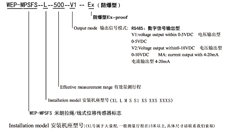 WEP-MPSFS-S防水防爆型拉繩式位移傳感器選型指引